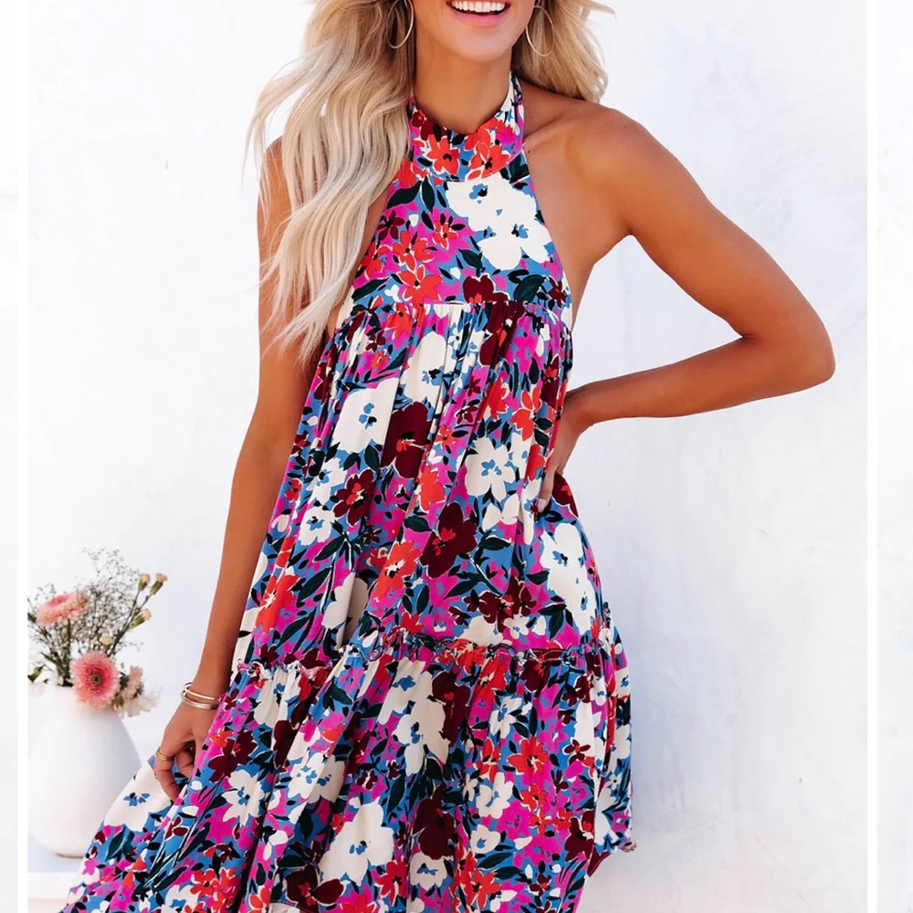 VICI- MAP OF SPRING FLORAL BACKLESS HALTER MINI DRESS